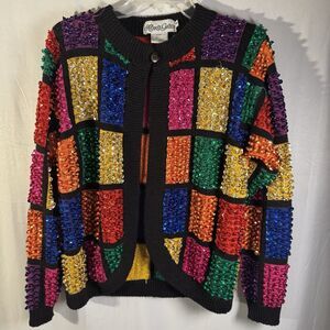 Alexa Grace Multicolor Sequin Patchwork Cardigan Women’s Large Vintage 80s Glam